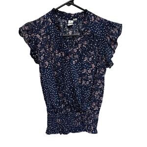 Joie Blue Metallic Blouse Floral Sheer Smocked Fairy Coquette Cottagecore Sz XS